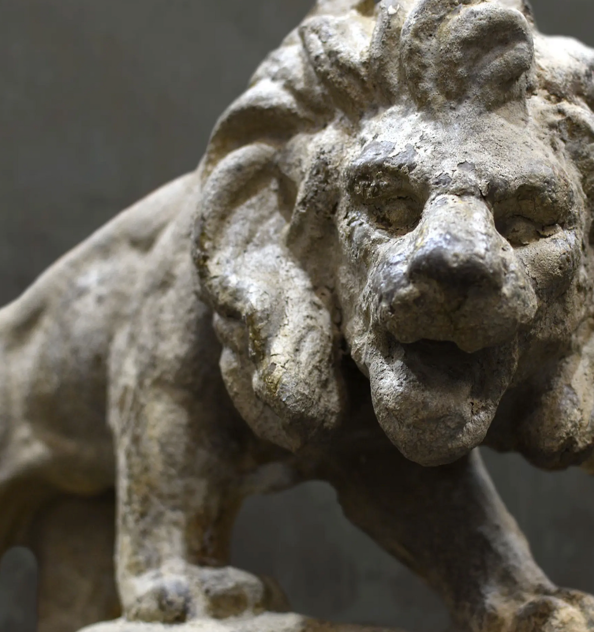 Close-up of the lion statue's face and textured mane