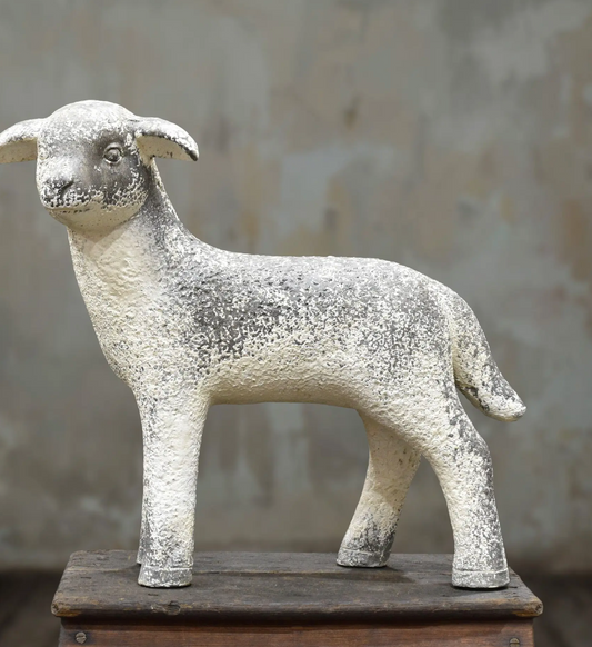 Standing lamb statue with textured fleece and a weathered off-white and grey finish