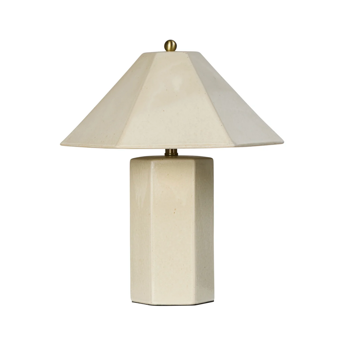 Ivory faceted ceramic table lamp with wide angled shade and brass finial, front view