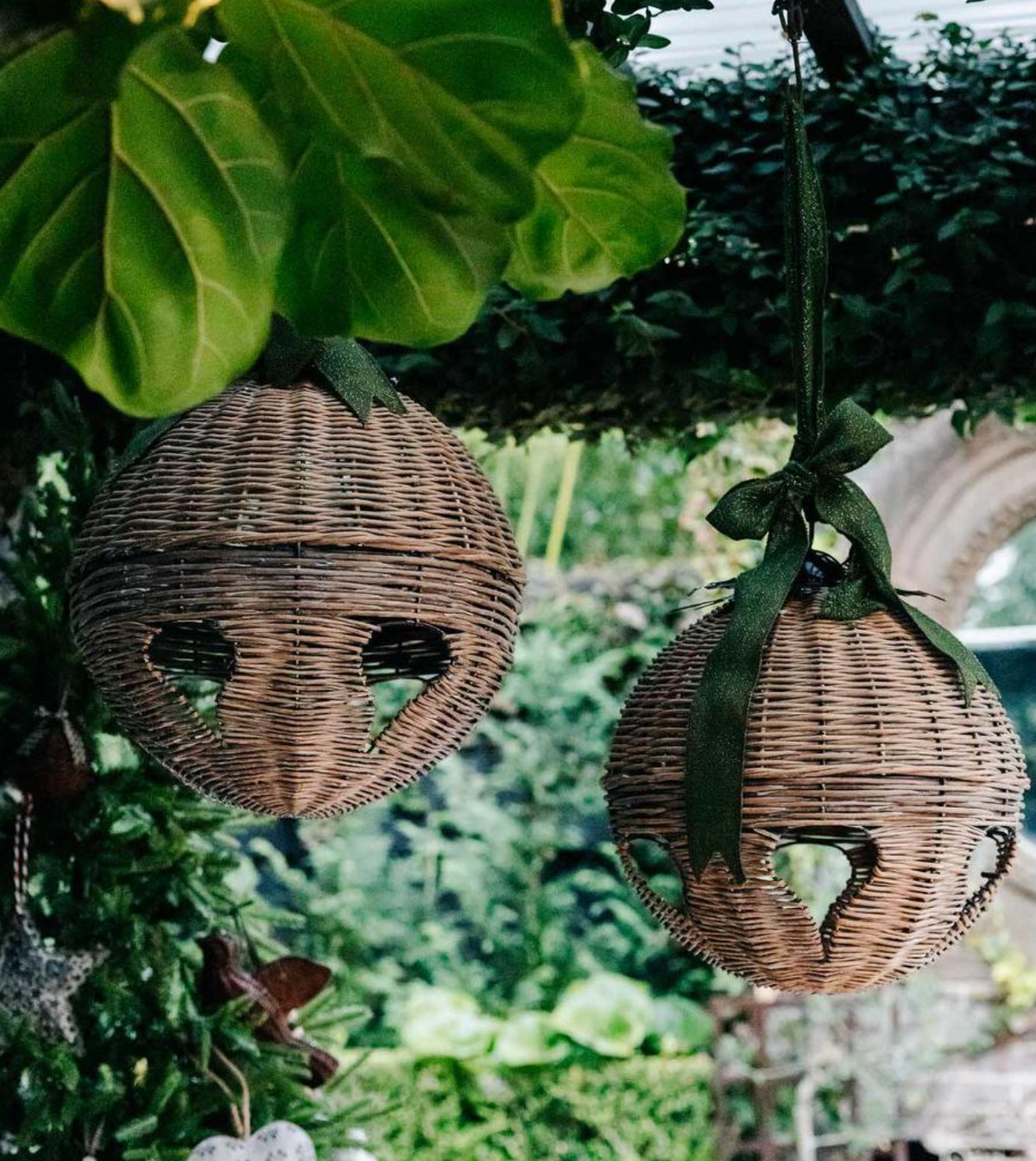Willow bell decorations suspended beside festive greenery