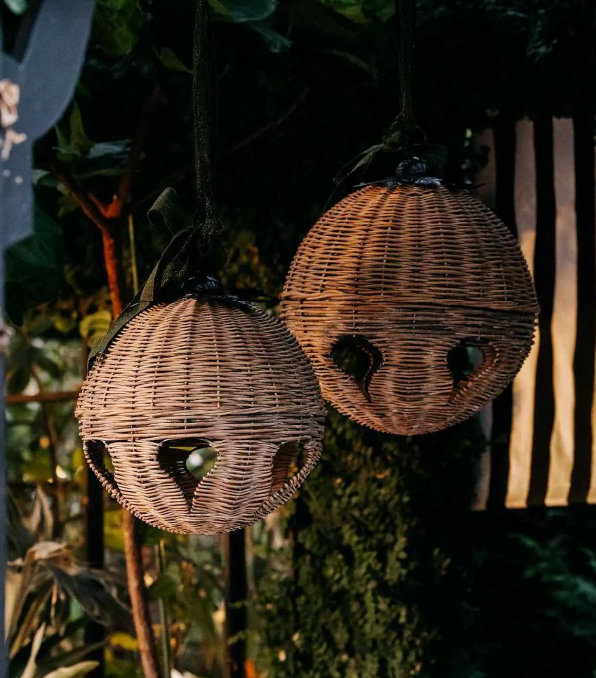 Two willow bell decorations hanging among greenery with ribbon bows
