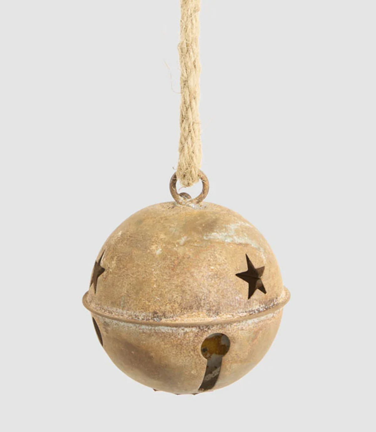 Round rusty bell bauble with star cut-outs and hanging cord