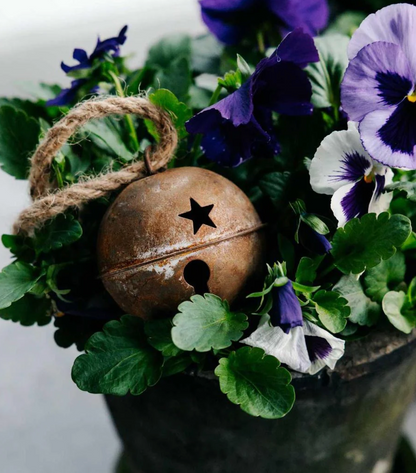 Rusty bell bauble resting beside pansies with metal bells in the background