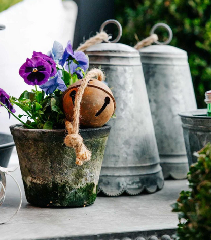 Rusty bell bauble with hanging cord nestled among purple pansies