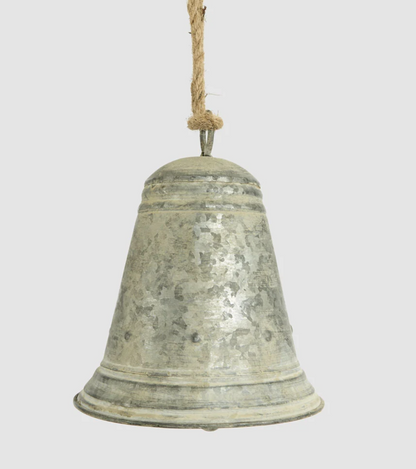 Flared zinc bell with weathered silver-grey finish and hanging cord