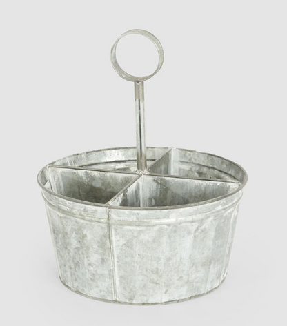 Zinc cutlery caddy with four compartments and central ring handle