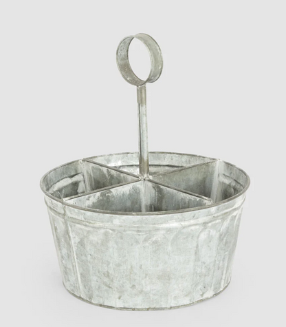 Galvanised metal cutlery caddy showing divided interior and silver-grey finish