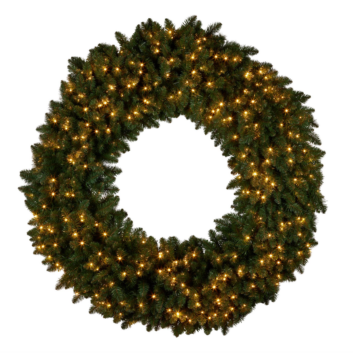 Green pine-style wreath illuminated with warm white LED lights