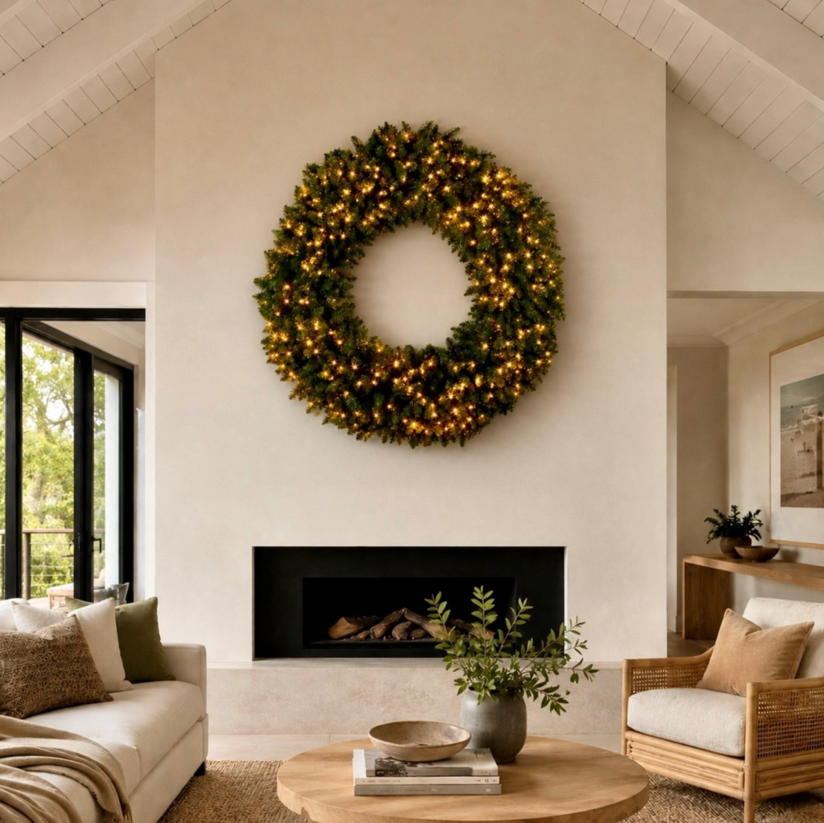 Illuminated green pine-style wreath displayed above an indoor fireplace