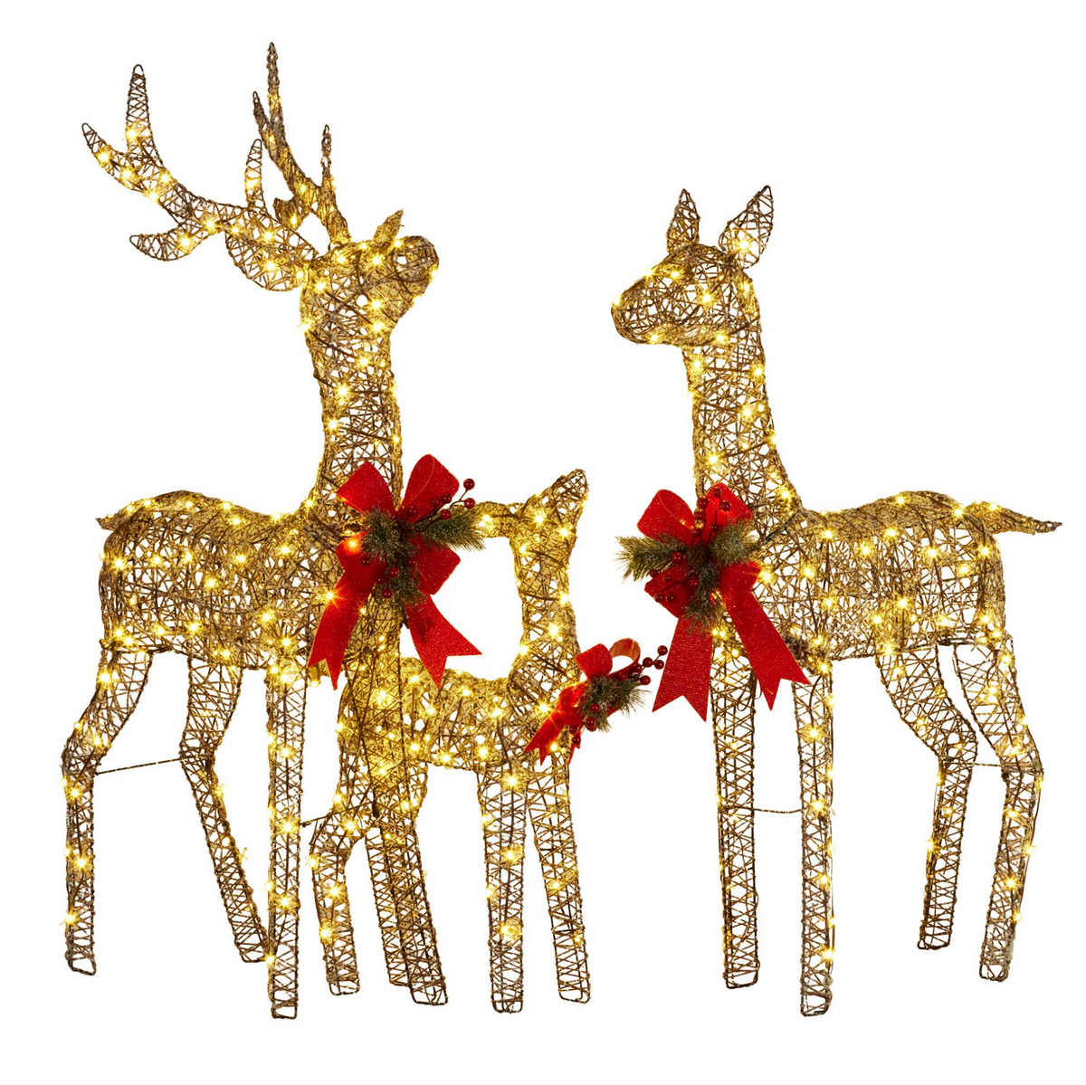Three wire reindeer with red bows illuminated by warm white LED lights