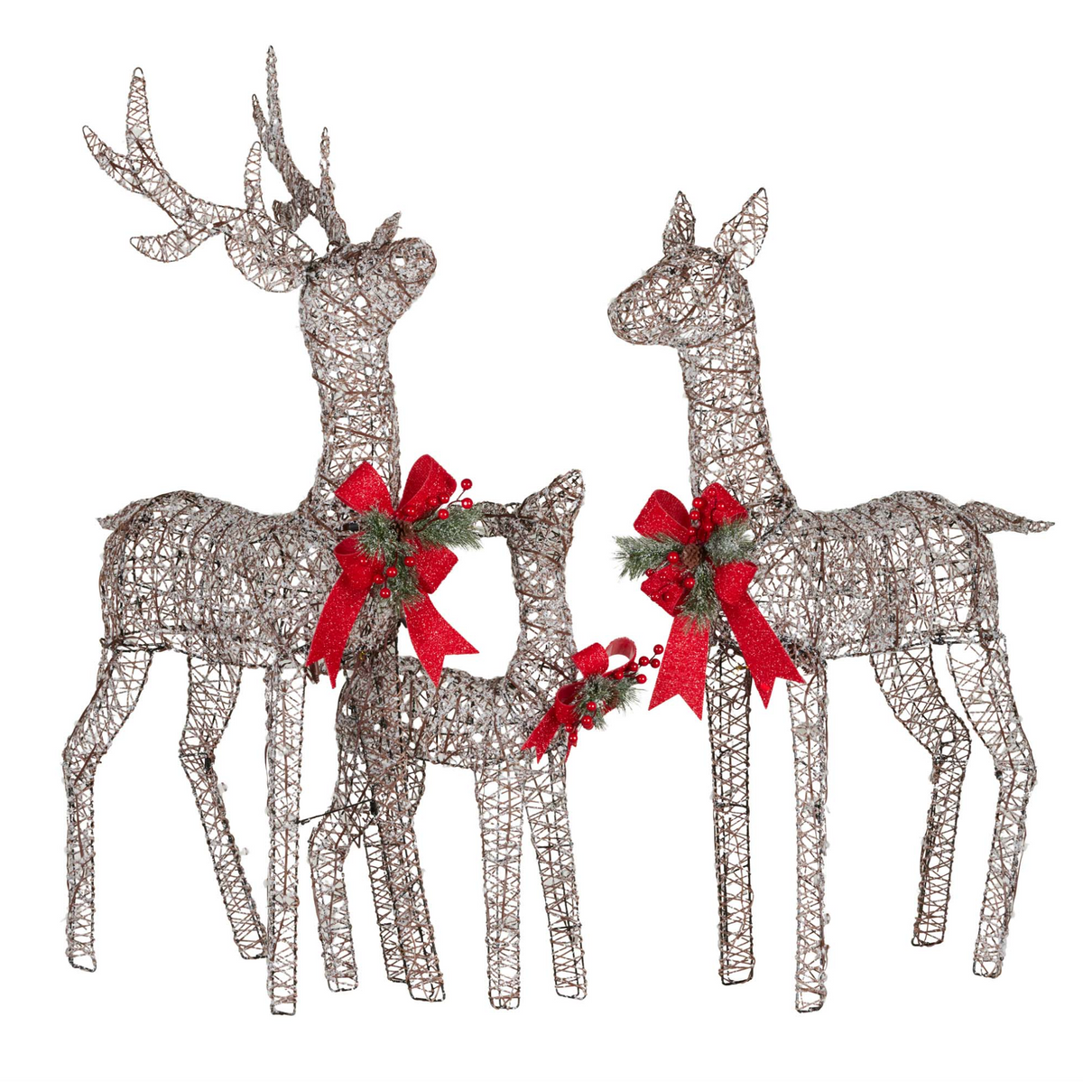 Three silver wire reindeer with red bows shown with their lights switched off