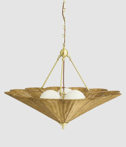 Detail of woven scalloped rattan shade, frosted glass diffusers and antique brass supports
