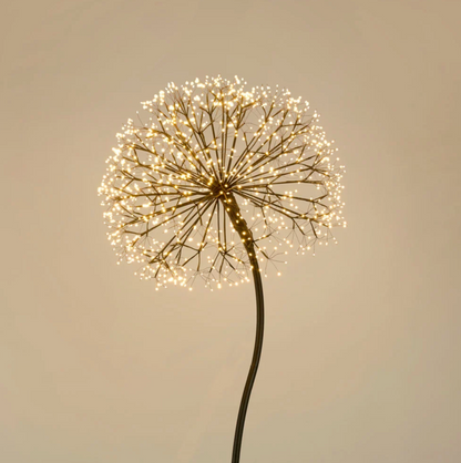 Close-up of illuminated dandelion head with warm white LED lights