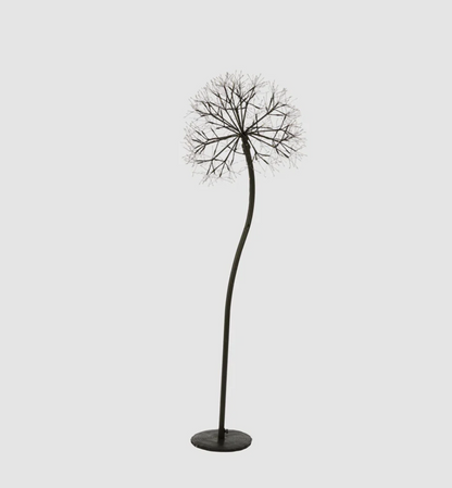 Full view of the unlit 150cm dandelion floor light with curved black stem and round base