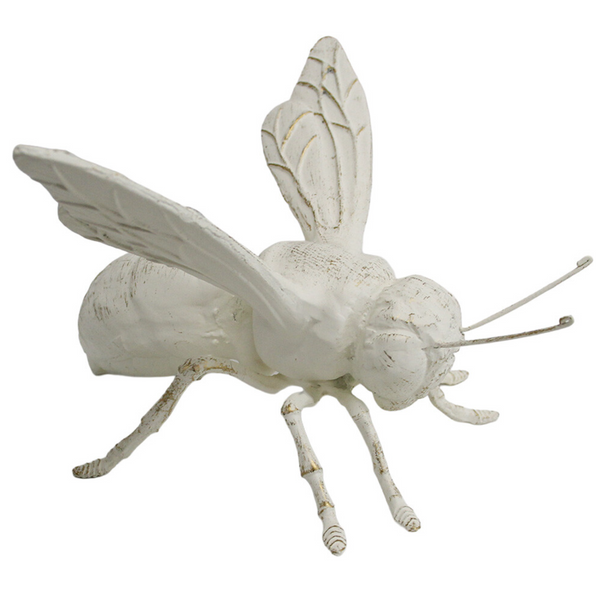 Antique white decorative bee with raised veined wings, slender antennae and darker detailing