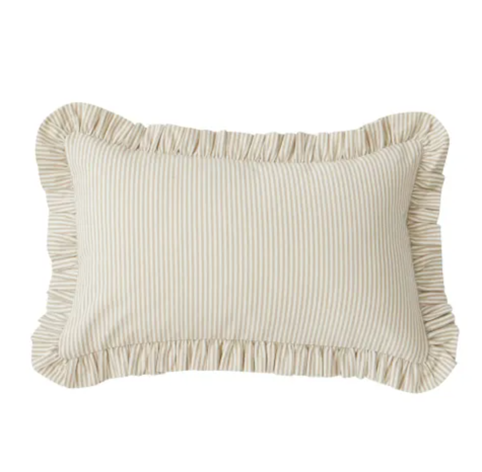 Rectangular taupe and ivory fine-striped cotton cushion with a gathered ruffled border