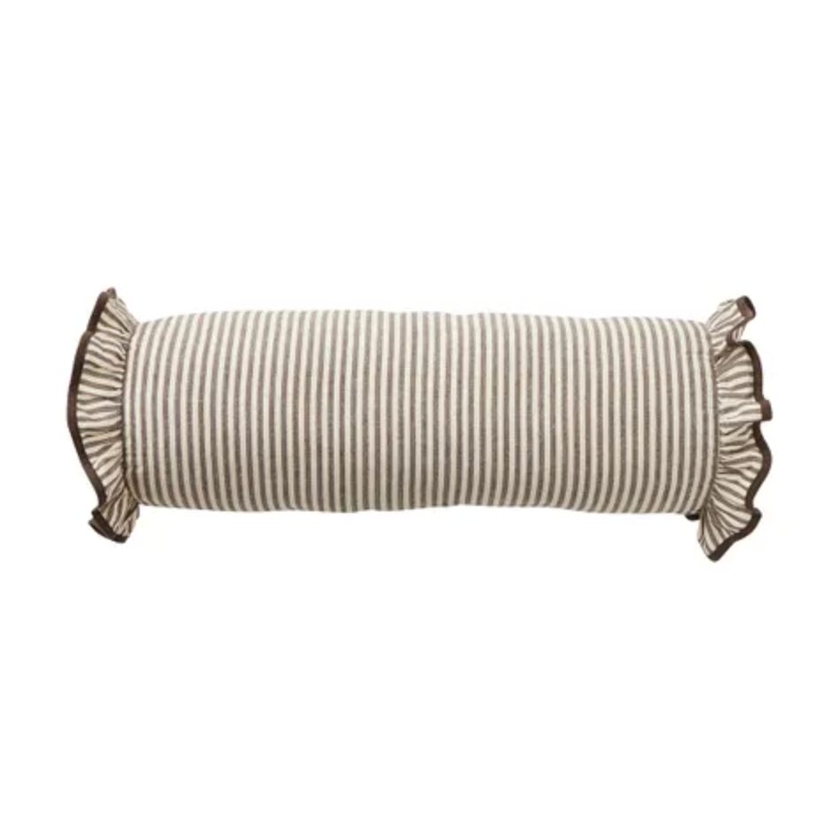 Ivory and cocoa striped bolster cushion with ruffled ends and dark contrasting trim