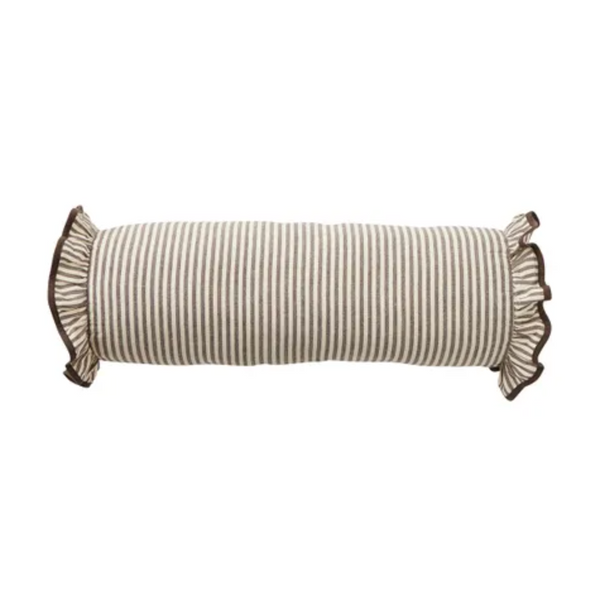 Ivory and cocoa striped bolster cushion with ruffled ends and dark contrasting trim