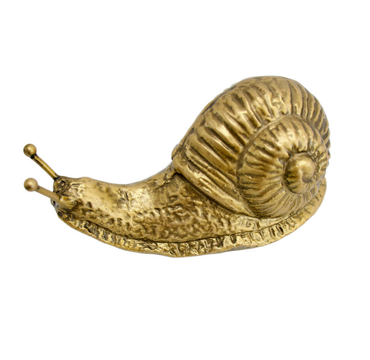 Gold-toned snail ornament with a ridged spiral shell, viewed from the side