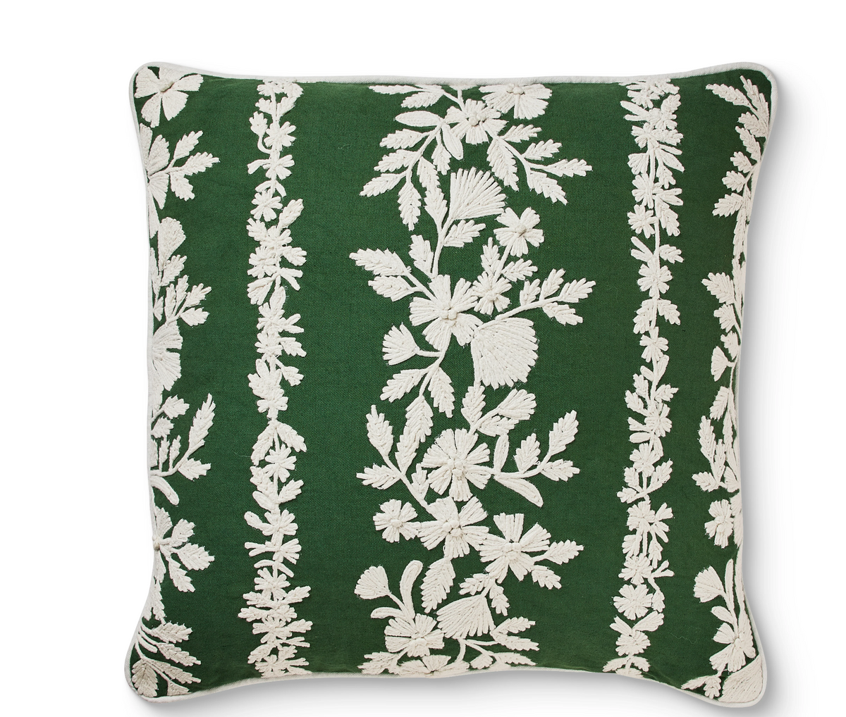 Front view of green and cream botanical trellis cushion with cream piped edges
