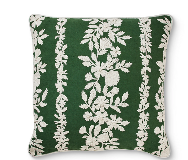 Front view of green and cream botanical trellis cushion with cream piped edges