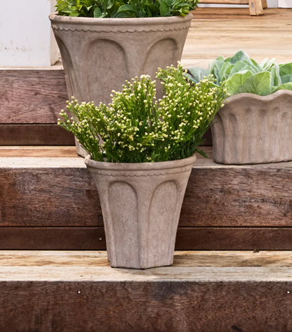 Small Sand Terra Arc Planter with a flowering plant against a white background.
