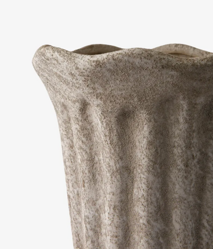Small Sand fluted terracotta planter with a rosemary plant on a white background