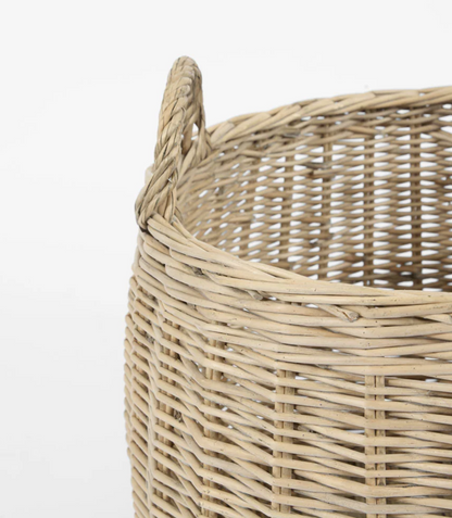 Close-up of the small willow basket rim and woven handle