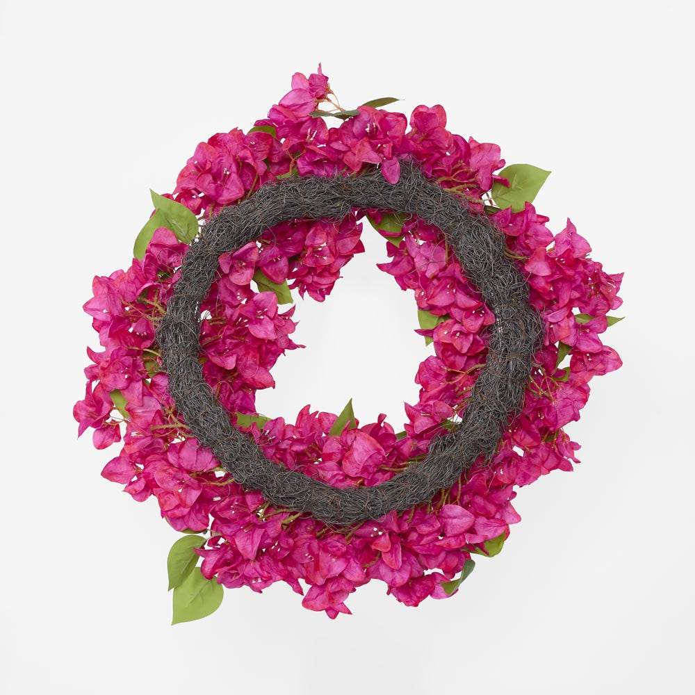 Pink bougainvillea wreath with green leaves