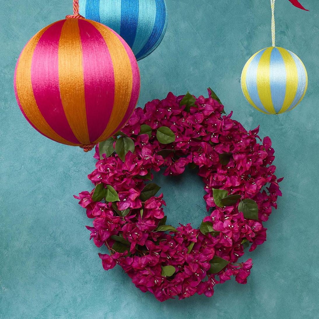 Pink bougainvillea wreath with green leaves