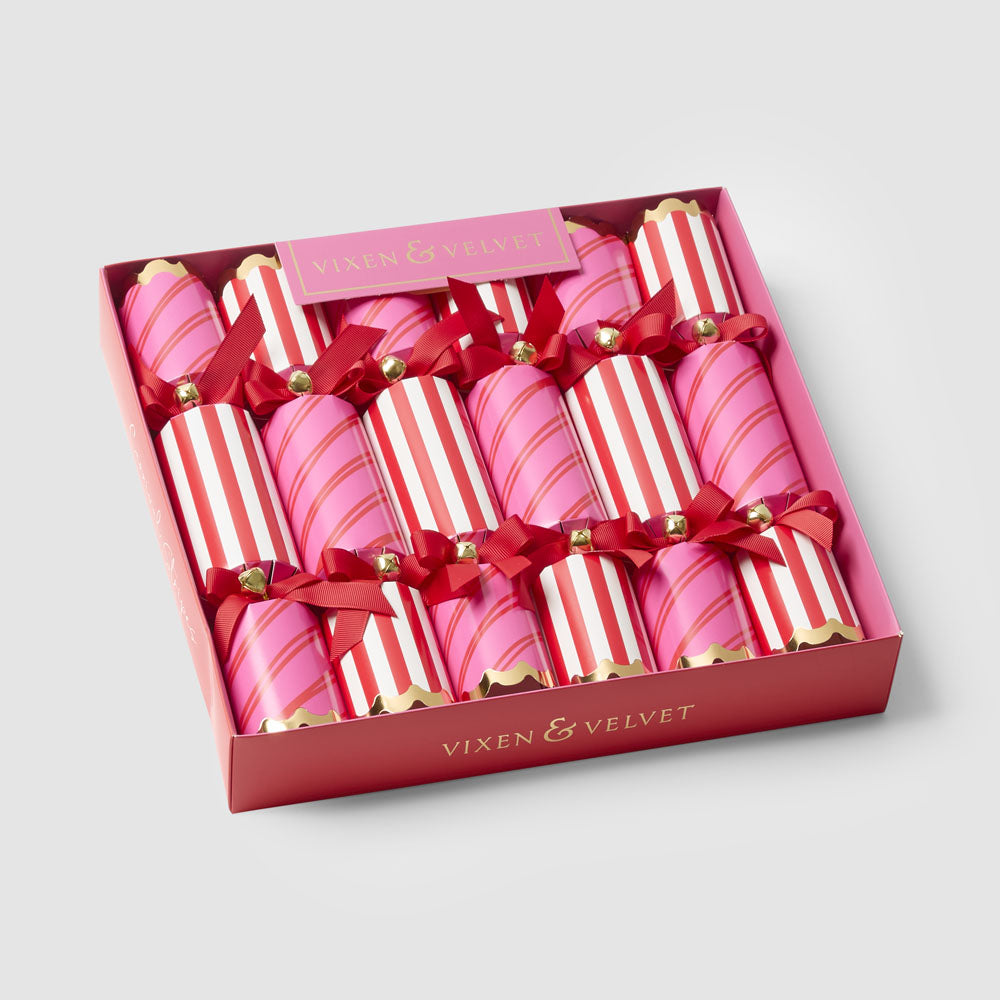 Red and pink striped Christmas crackers