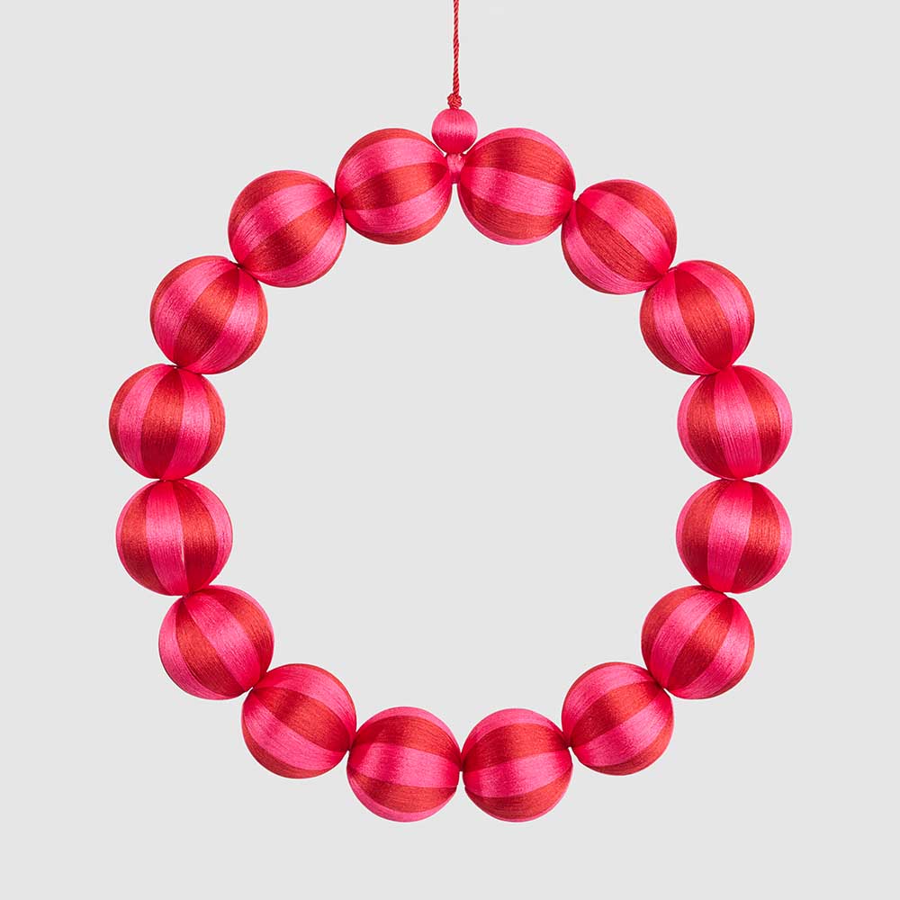 Large fuchsia and red striped bauble wreath