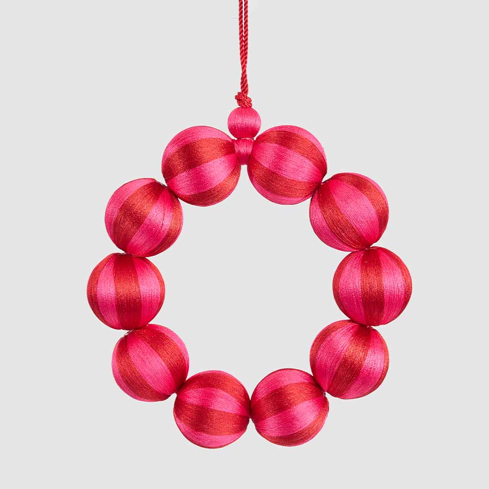 Small fuchsia and red striped bauble wreath