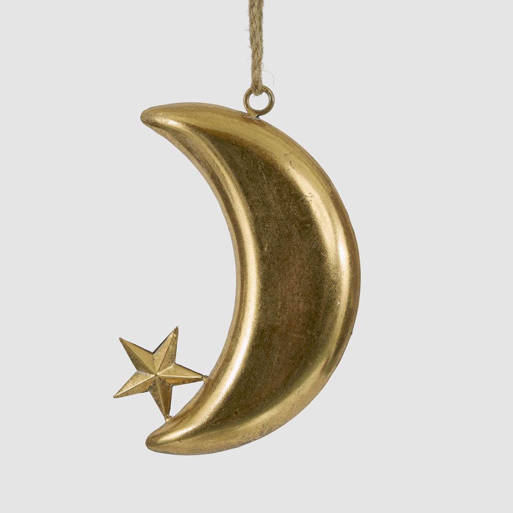 Large gold crescent moon hanging decoration with a small faceted star at the lower tip and natural hanging cord