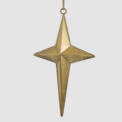 Large gold metal star hanging decoration with four faceted points and natural hanging cord