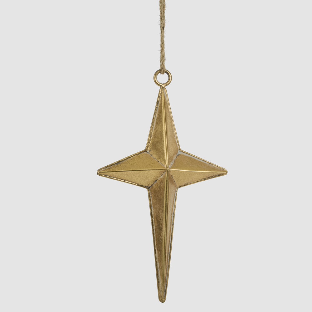 Small gold metal star hanging decoration with four faceted points and natural hanging cord