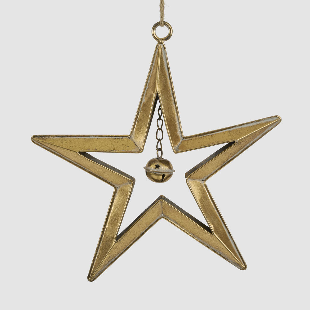 Large gold star with bell hanging decoration with an open five-pointed frame and central hanging bell