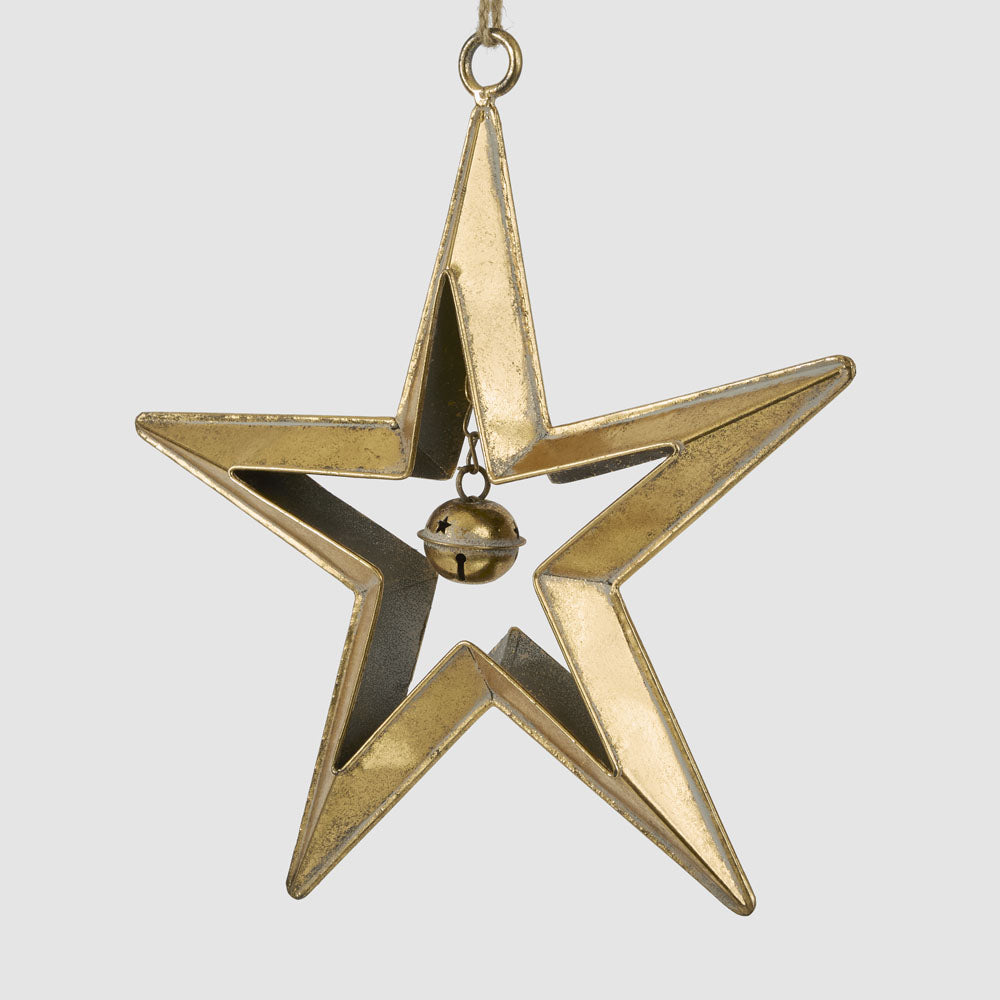 Large gold star with bell hanging decoration in an angled view showing the open star frame and bell