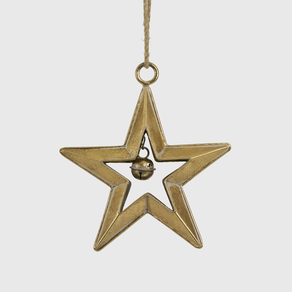 Small gold star with bell hanging decoration with an open five-pointed frame and central hanging bell