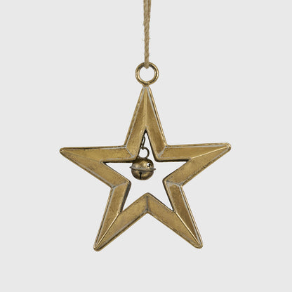 Small gold star with bell hanging decoration with an open five-pointed frame and central hanging bell