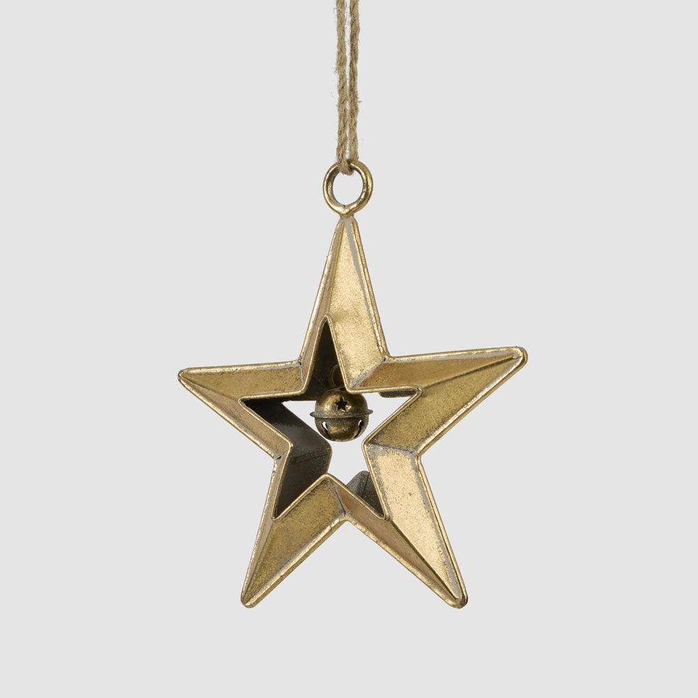 Small gold star with bell hanging decoration in an angled view showing the open star frame and bell
