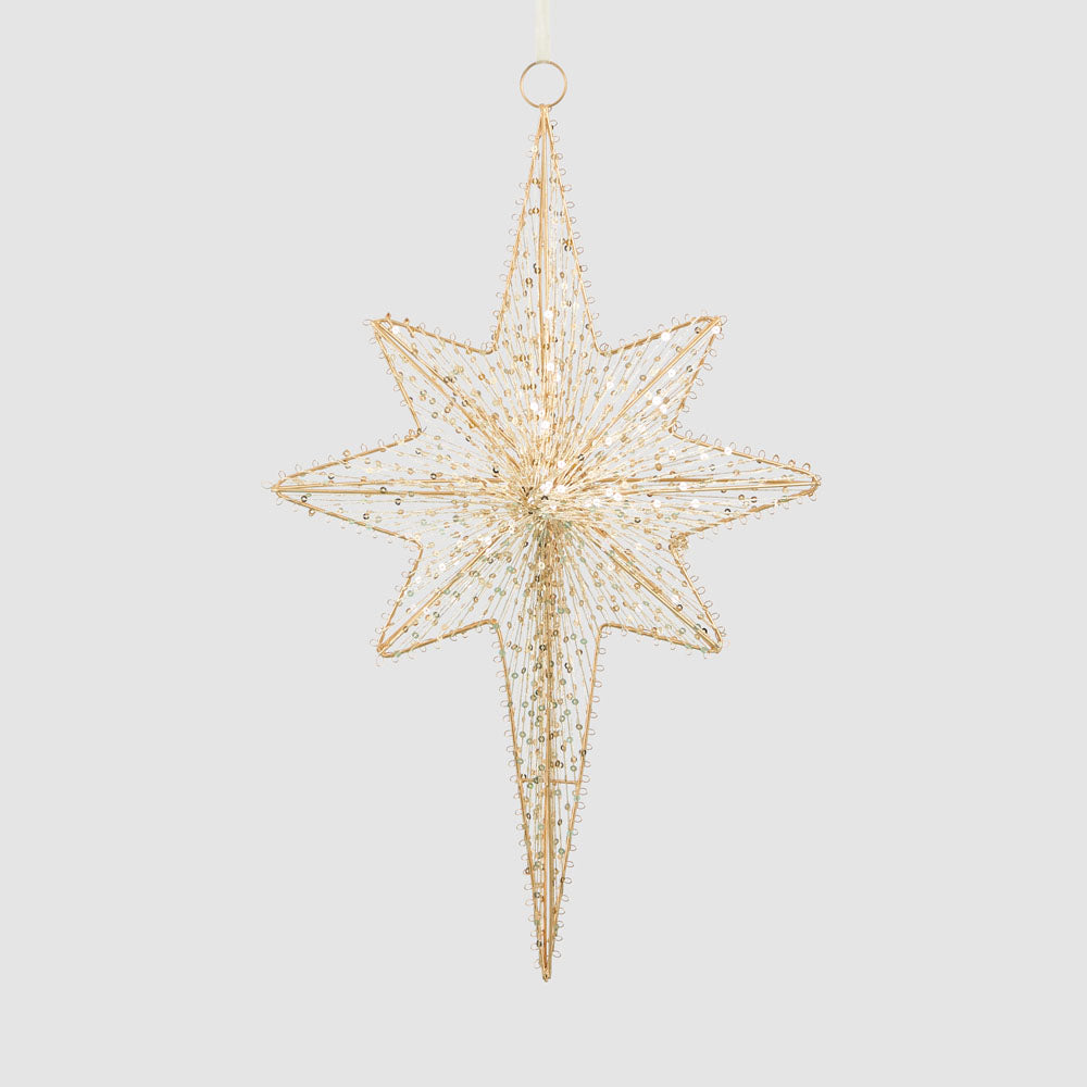 Gold wire star hanging decoration with elongated points and delicate beaded strands