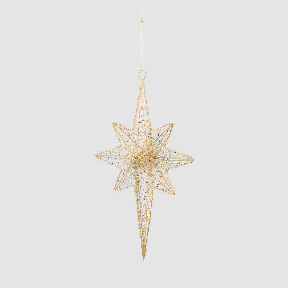 Full hanging view of the gold wire star showing its hanging loop and elongated shape