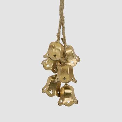 Full hanging view of the gold flower bell bunch with wrapped natural cord at the top
