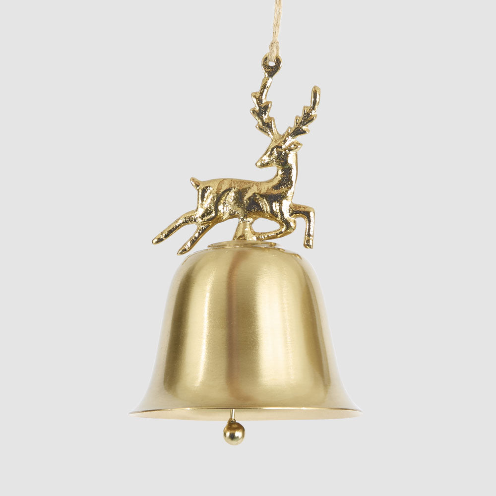 Gold bell hanging decoration topped with a leaping reindeer and natural hanging cord