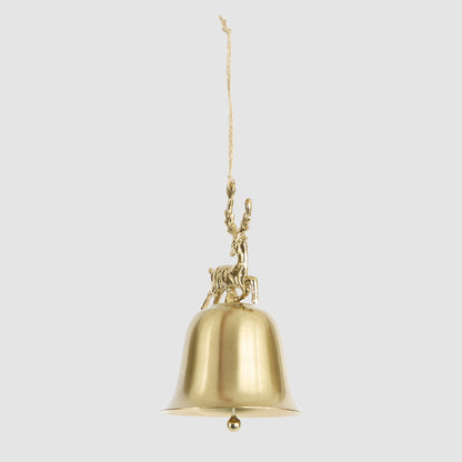 Full hanging view of the gold reindeer bell decoration with cord and round clapper