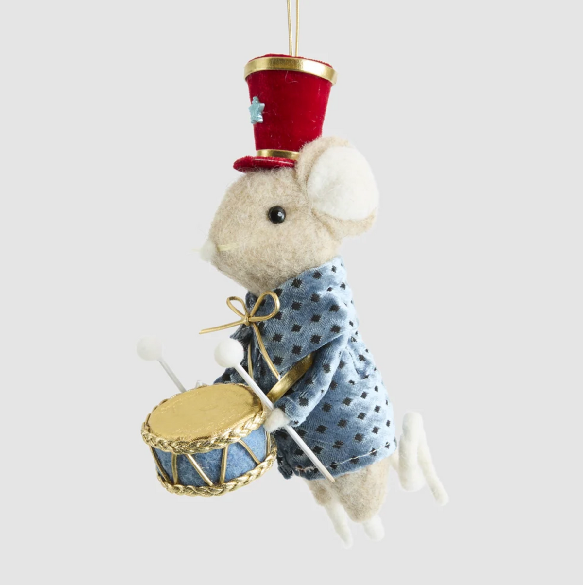 Cream drummer mouse hanging decoration in a blue patterned coat and red hat, holding a blue and gold-coloured drum