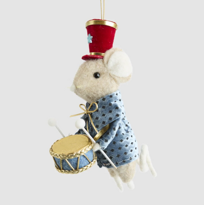 Cream drummer mouse hanging decoration in a blue patterned coat and red hat, holding a blue and gold-coloured drum