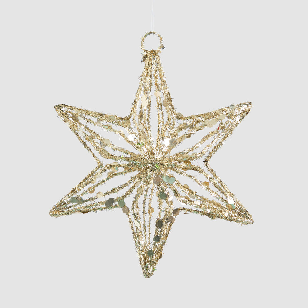 Gold-toned six-point wire star hanging decoration with reflective disc details and hanging loop