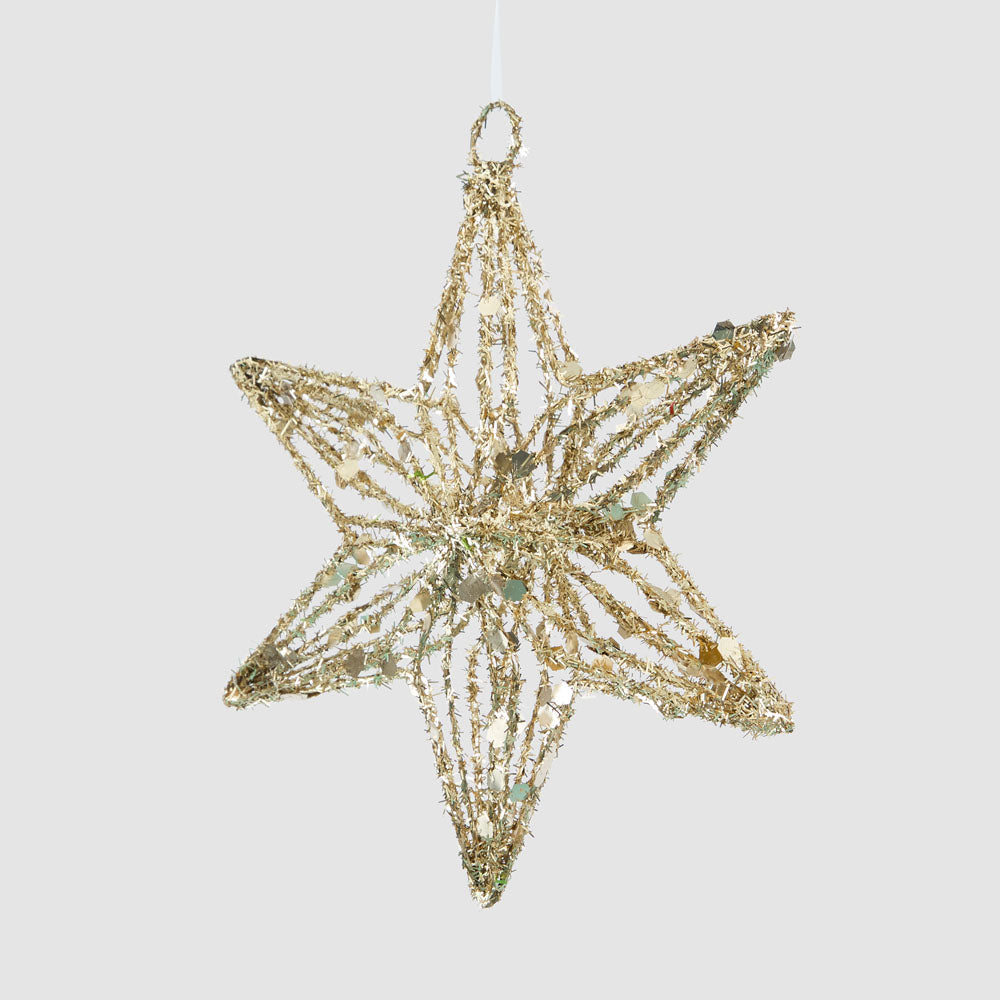 Angled view of the six-point wire star showing its open layered shape